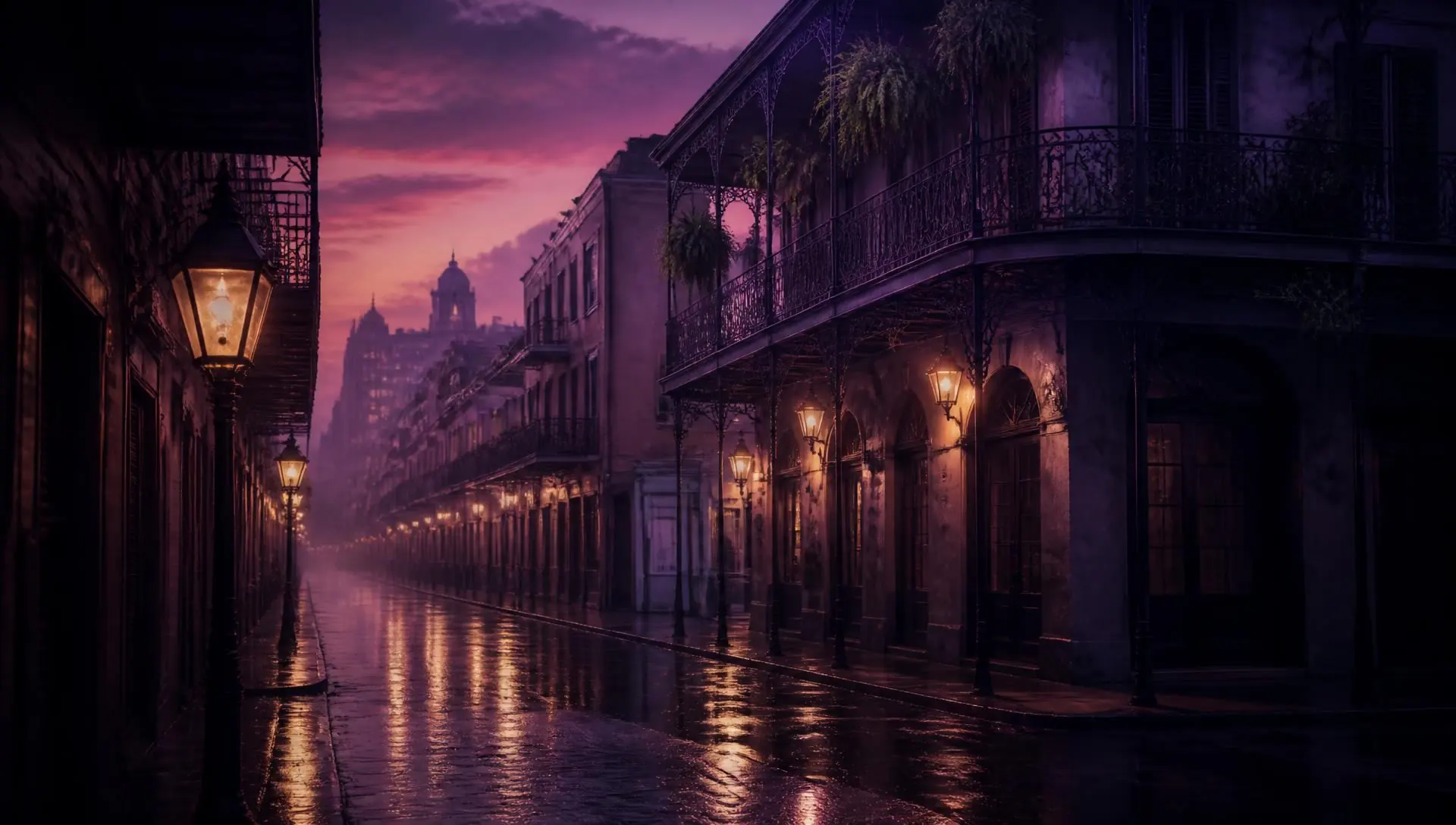 Rain-slicked French Quarter street glowing under gas lamps at dusk